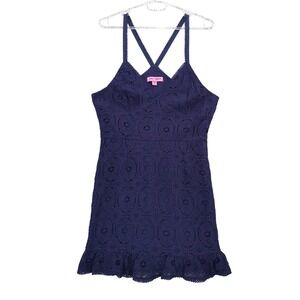 Betsey Johnson Navy Blue Lace Dress‎ Sleeveless Ruffle Hem Sz M Babydoll Empire